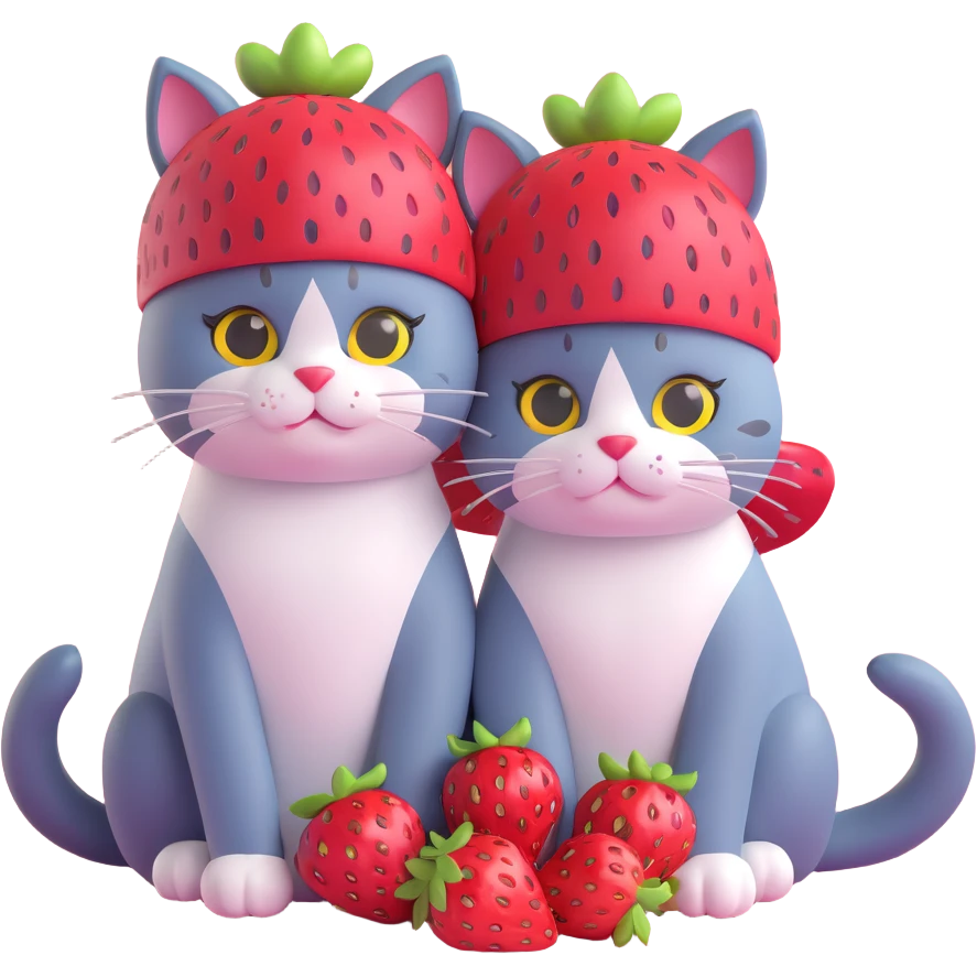 Two cats sitting closely together, both with strawberry hats on their heads emoji