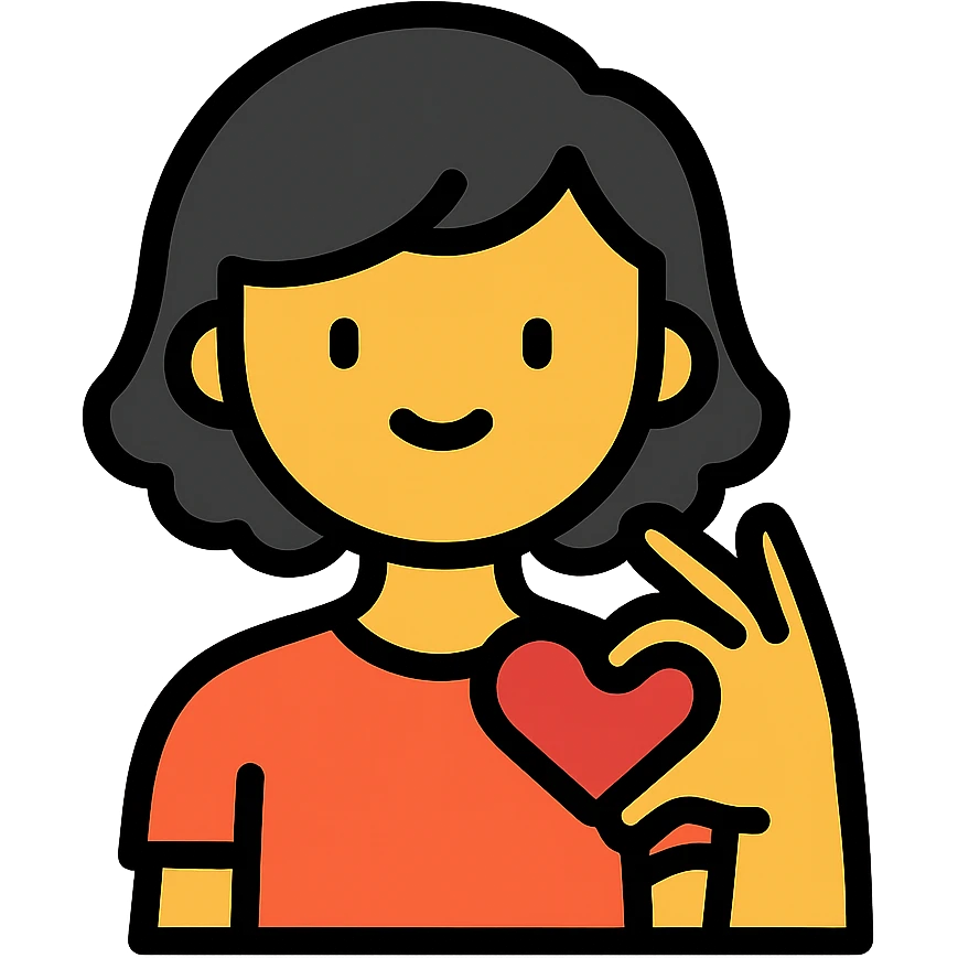 chica de cabello negro, corto y ondulado, haciendo un corazón con la mano, estilo icono lineal colorido emoji