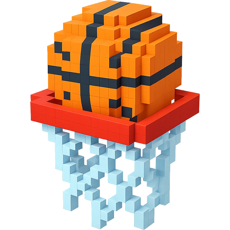 Voxel-style basketball in a net, no background, variation 5. emoji