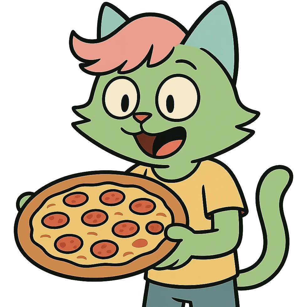 green cat with pink hair and blue ears holding a pizza emoji