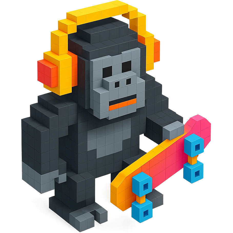 gorilla with headphones holding a skateboard, isometric view, voxel style emoji