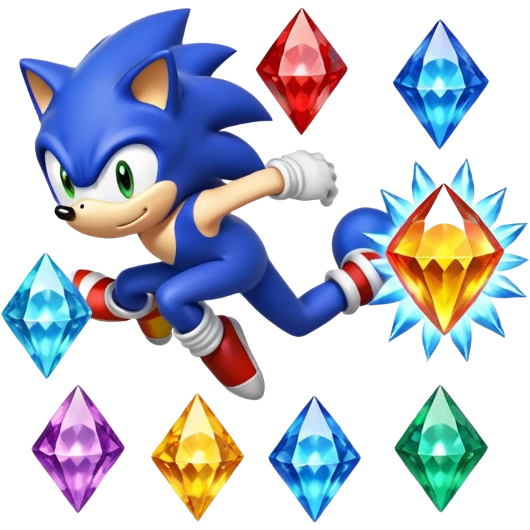 I want Sonic the hedgehog with the 7 chaos emeralds and the Goku aura transformation, where is the super Sonic aura Is a power 7 diamonds, red, blue, yellow, green, white, skyblue and purple, and Sonic changed color into yellow with the seven diamonds or chaos emeralds, and the spine is up emoji