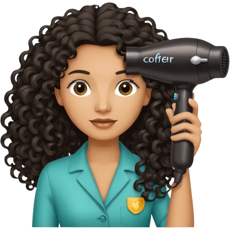 Parrucchiera con il phon in mano e la scritta coiffeur assunta capelli neri e ricci lunghi emoji