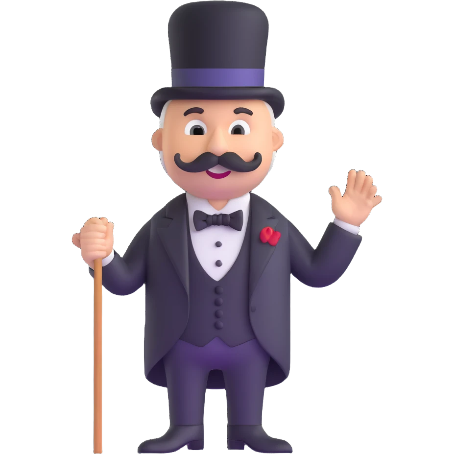 Rich Uncle Pennybags with mustache, top hat, tuxedo, and cane emoji