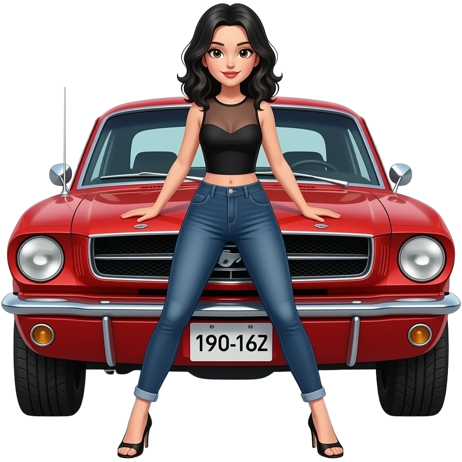 Pale girl with black wavy hair in front of a red Ford Mustang 1968 coupe. Girl wearing a sheer black sleeveless top with a medium neckline, jeans and heels with visible toes. Legs spread and hands resting on the hood. emoji