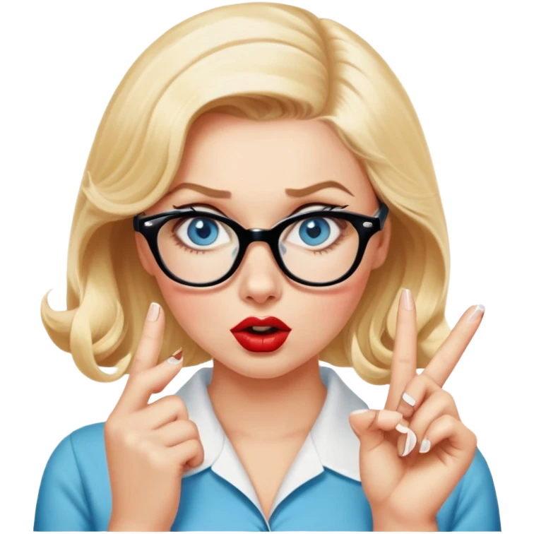 Blonde hair, blue eyed, wearing glasses 50's style pinup looking shocked and fingers touching lips emoji