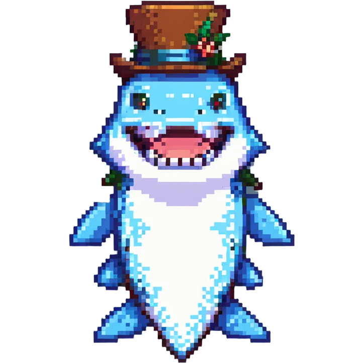 pixel art shark, smiling, with a tophat emoji