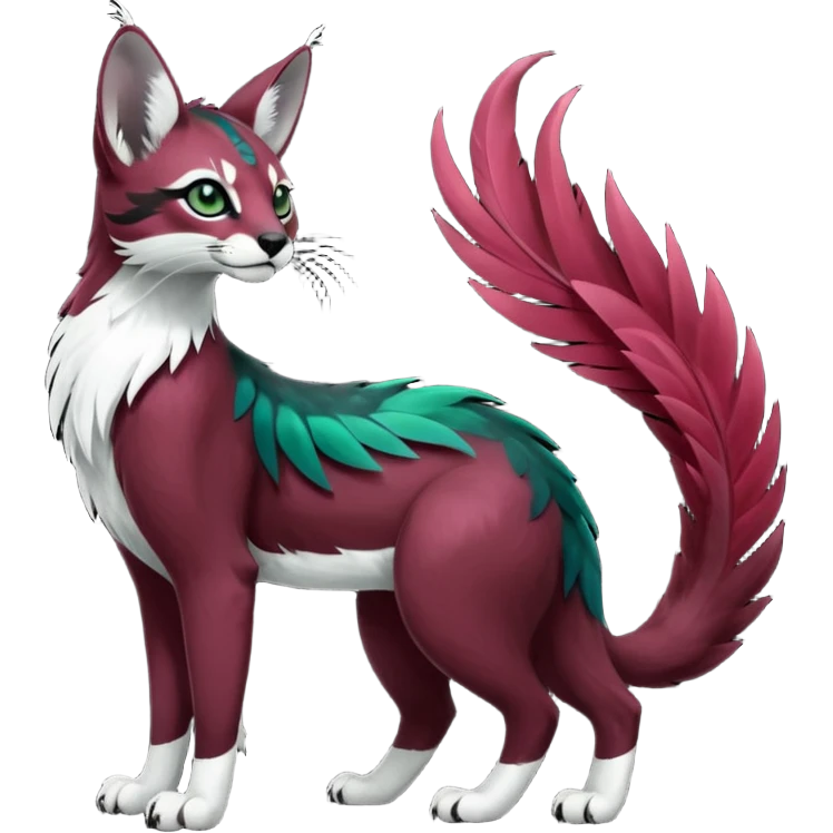 Colorful dark tropical feathery tribal dark burgundy wine-red obsidian-black jade-green white glorious iridescent divine exotic cute cool beautiful beautiful fantasy-caracal-civet-genet-sergal-vernid-Gryphon-Cacomistle-Trico-oncilla-animal-Fakémon-hybrid-fursona (full body) emoji