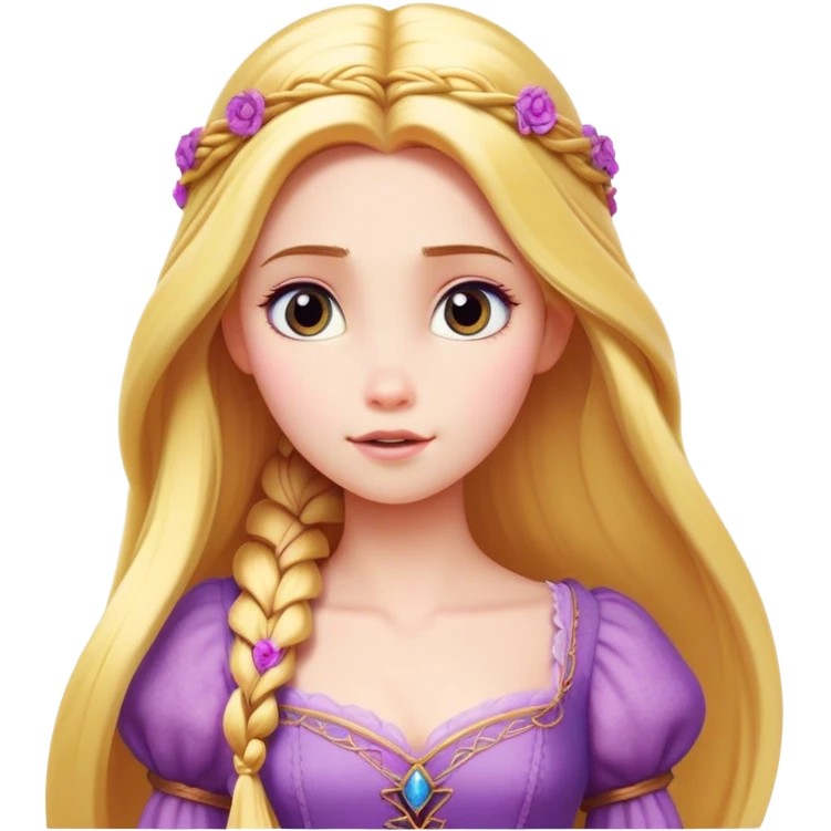 Cinematic Realistic Rapunzel Portrait, with porcelain-like skin featuring a subtle, natural glow, illuminated by soft lighting that brings out the gentle contours of her face. Her long, golden blonde hair cascades in detailed waves, each strand highlighted with a radiant shimmer as it catches the light. Her bright, expressive green eyes exude curiosity and warmth, framed by delicate lashes and soft, arched brows. Her expression is playful and vibrant, with a gentle smile. She is dressed in her classic lavender and pink gown, the fabric textured with delicate folds that flow naturally, catching the light with a soft, radiant glow. The portrait captures a luminous, enchanting aura, seamlessly blending realism with a whimsical, fairytale charm, evoking a timeless sense of beauty and magic. emoji