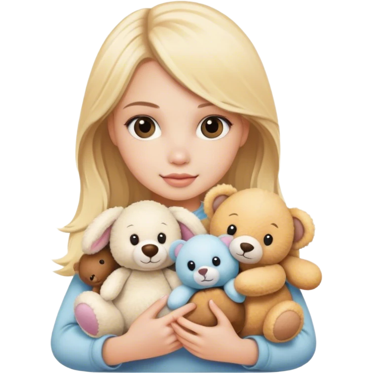 pretty blonde model holding a pile of cute stuffed animals emoji
