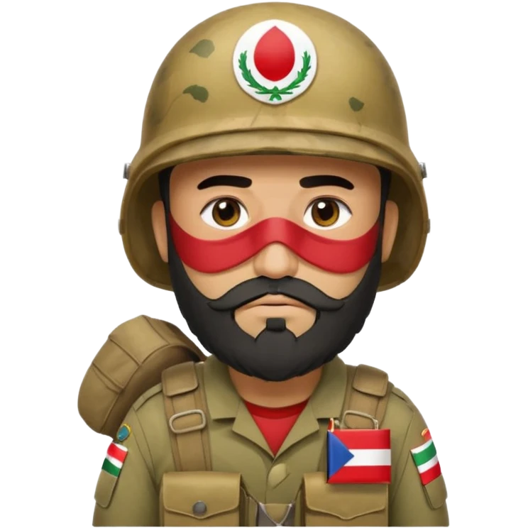 A tired and sad, swarthy Iraqi soldier with a beard, an Iraqi flag on his helmet, a sad expression and bags under his eyes emoji