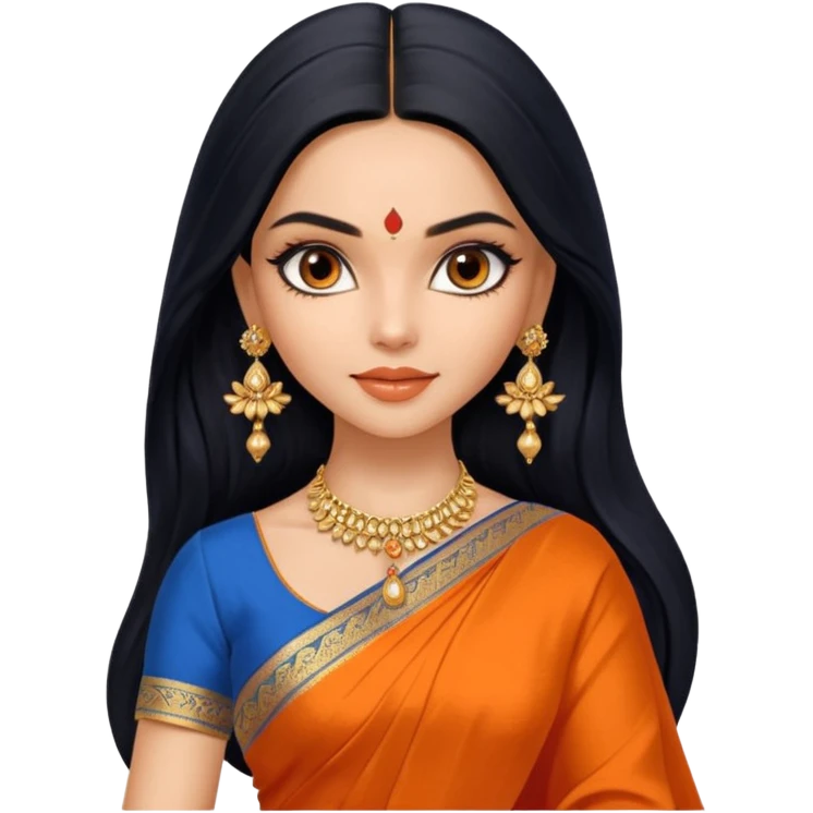 generate a pretty bratz Deepika Padukone with long black hair middle parted.
Wearing an orange saree with a blue blouse, golden jhumkas
SHe shoudl look like deepika padukone emoji