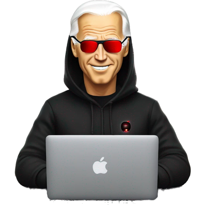 joe biden in a black hoodie with bright red glowing laser eyes typing on a macbook, joe biden, black hoodie, bright red glowing eyes, typing on macbook emoji