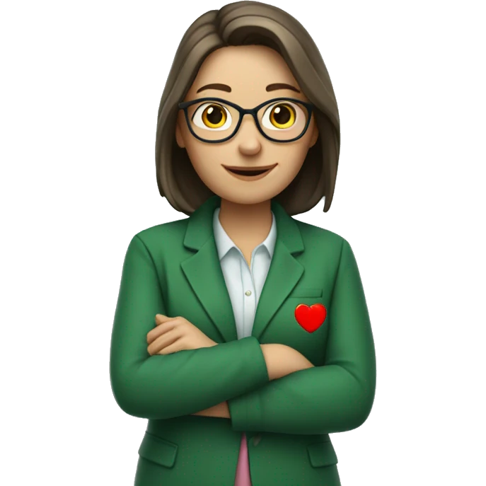 A European female teacher in a green jacket holds a heart in her hands emoji