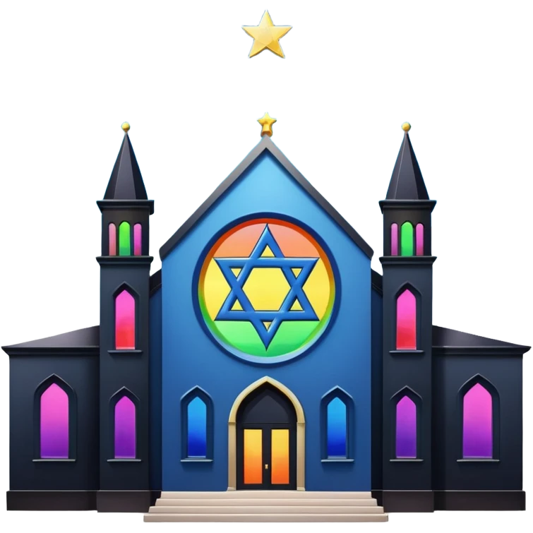 jewish synagogue temple in dark goth aesthetic style with black building and rainbow tint glass windows and star of david emoji