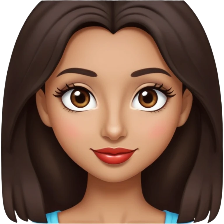 Dark brown hair girl, dark brown eyes, tan skin, heart shaped lips, almond eyes, big eyelashes, big nose , 1B hair type smiling emoji