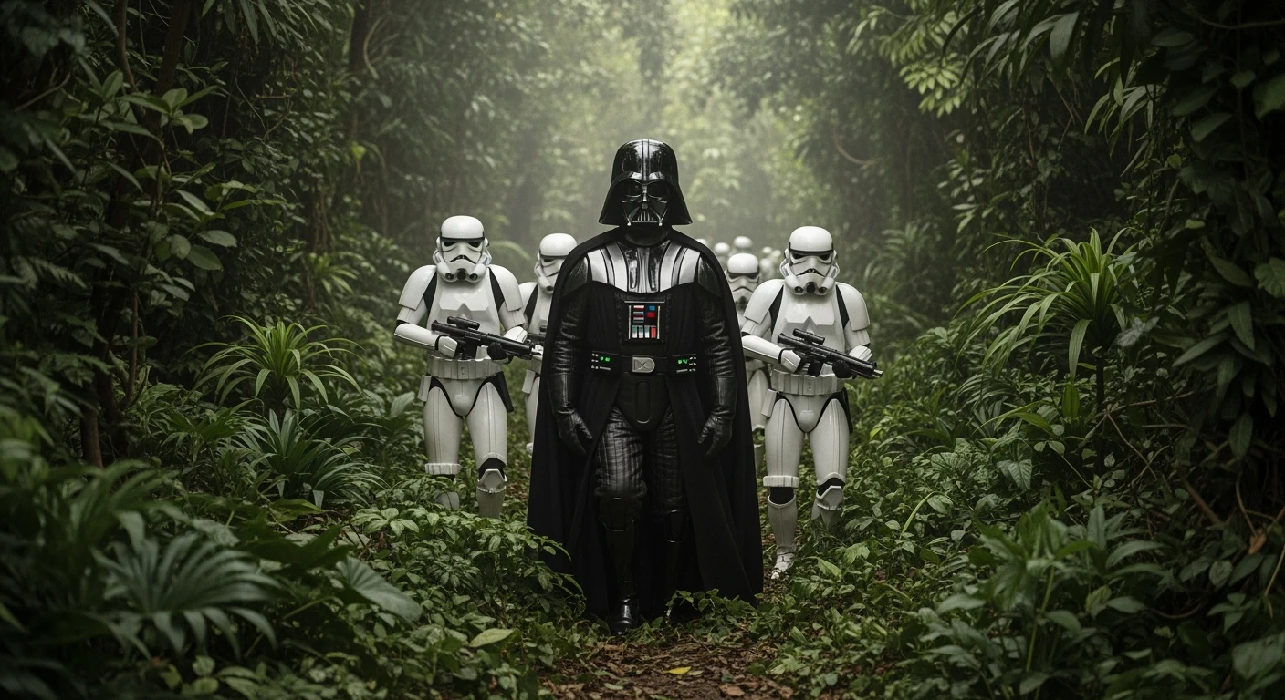 cinematic still, Closeup shot, amazon jungle, well lit scene, Darth Vader around stormtroopers is exploring the jungle, captured by arri alexa emoji