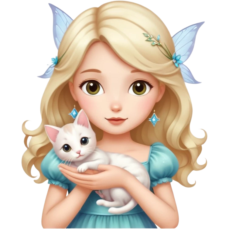 Dreamy beautiful fashion elegant cute shiny lady soft style kawaii beautiful hair fairy style girl holding a kitten emoji