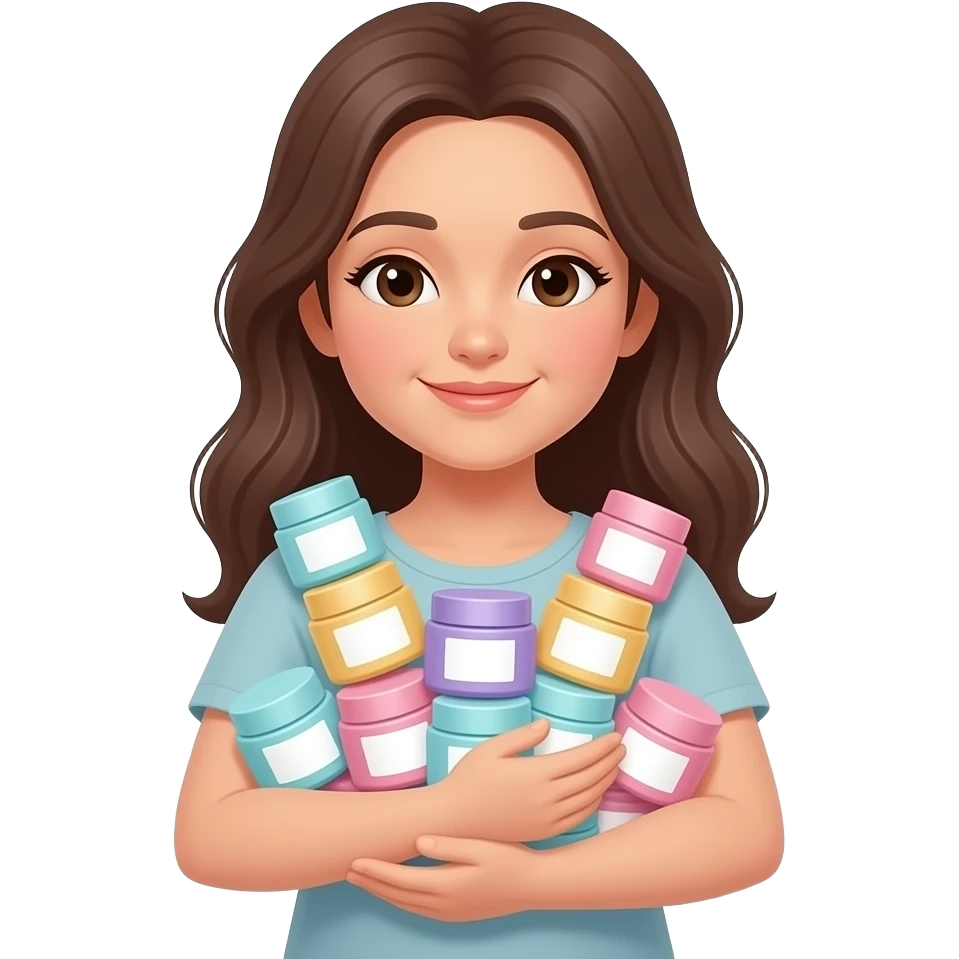 mom hugging many pastel cosmetic cream jars emoji