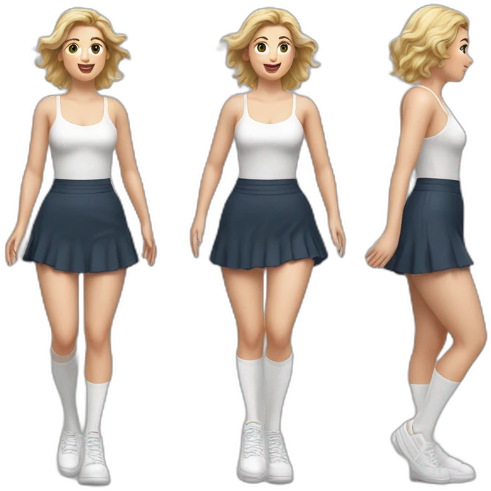 hyperrealistic-full-body-caucasian-curvy-beauty-jumping-small white-skirt-back-and-front-views-strong-wind-knickers white socks emoji