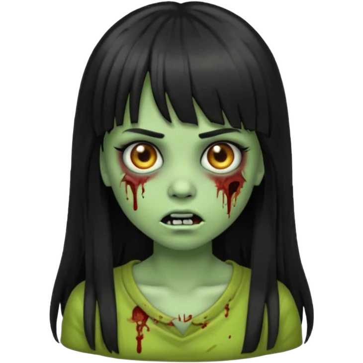 Zombie emoji girl, light green skin, black long hair with bangs emoji
