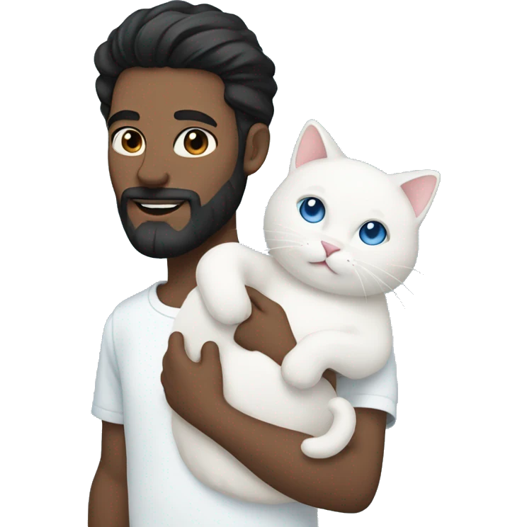 Man with black hair and beard and holding a all white cat with blue eyes emoji