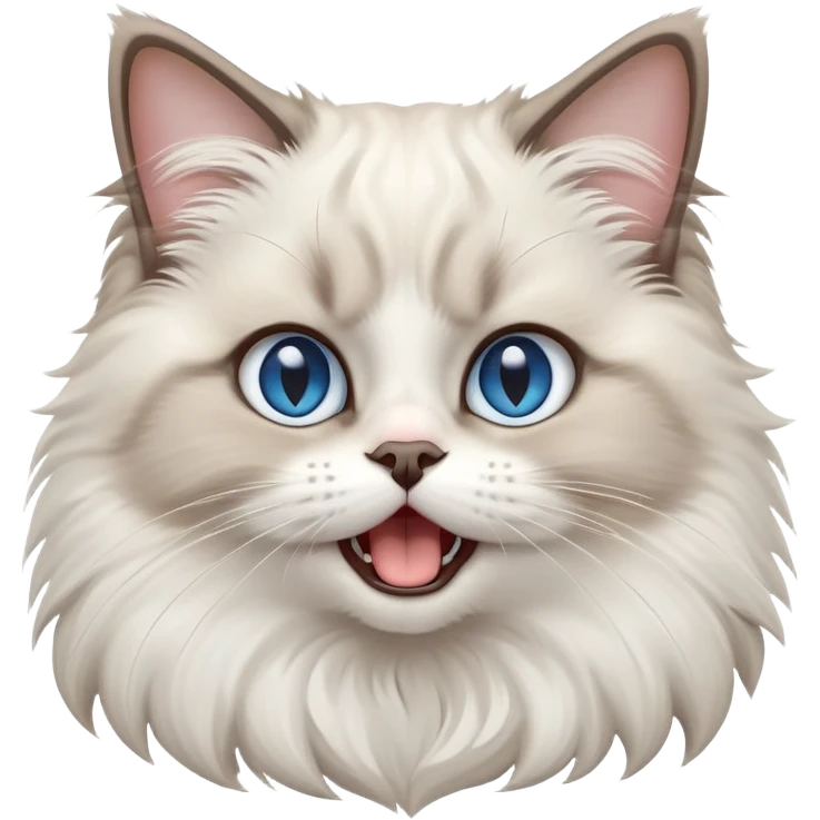 cinematic-adorable-big-eyed-fluffy-ragdoll-cat-portrait-emoji,-head-tilted-playfully-with-a-cute,-yawn,-white and grey fur,-simplified-yet-irresistibly-cute-features, blue eyes emoji
