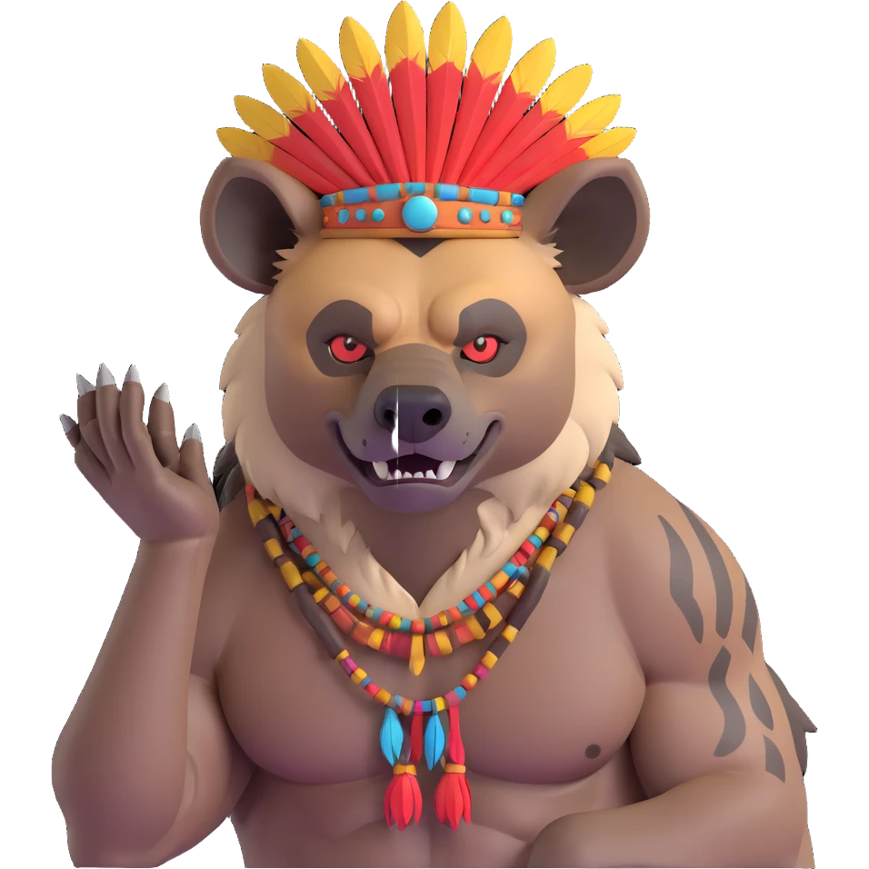A native strong buff hyena with war bonnet flexing posing  emoji