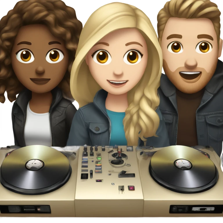 3 people: a white girl with dark hair, a brown girl, and a white guy behind DJ turntables together emoji