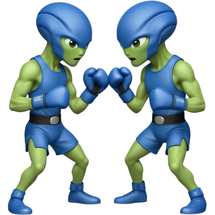 two aliens boxing in a fight stance, facing each other with raised gloves, dynamic action pose, intense expressions, sci-fi arena vibe, 3D cartoon style, mobile game icon style, clean background, no text, no watermark
 emoji
