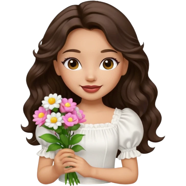 generate a pretty bratz girl with in a white puff sleeve top.  light lipgloss on . dark Brown wavy hair long. carrying flowers  emoji