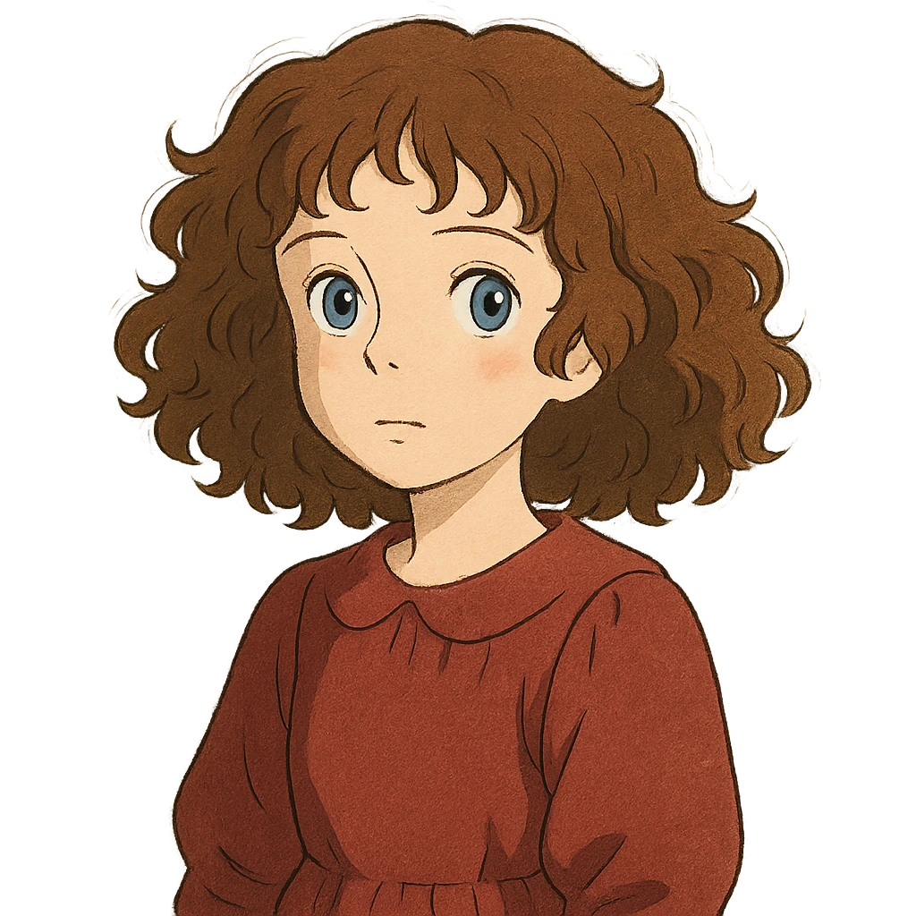 a girl with curly hair, pale skin, and blue eyes, ghibli-inspired style emoji