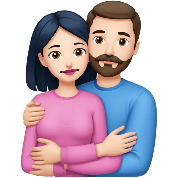 Tall white man with brown mustache goatee wearing blue AND a short pale woman with long black hair wearing pink, hugging emoji