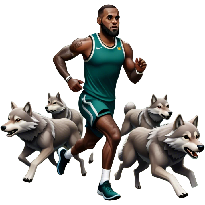 LeBron James running with a pack of wolves in a dark forest  emoji