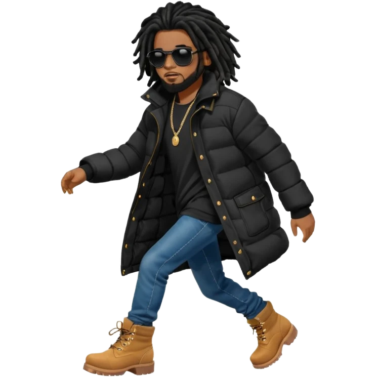 African American man brown skin complexion with black dreadlocks shoulder length wearing black bubble winter coat wearing black sunglasses with denim skinny jeans and timberland boots standing running emoji