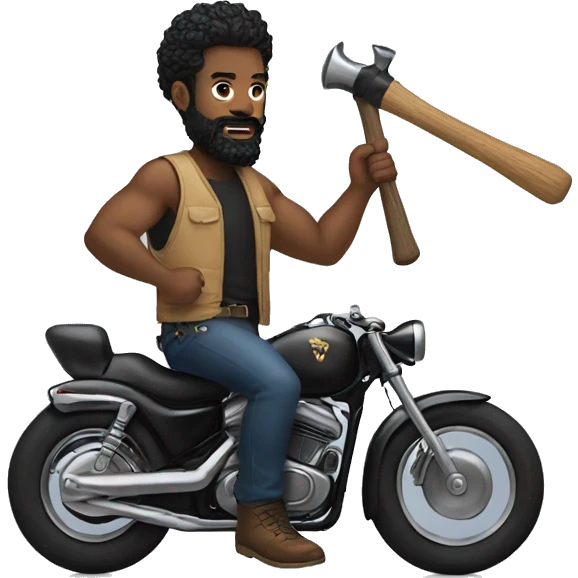 a black man has black beard, black mohawk hair, rides a hog, and hammer in his hand emoji