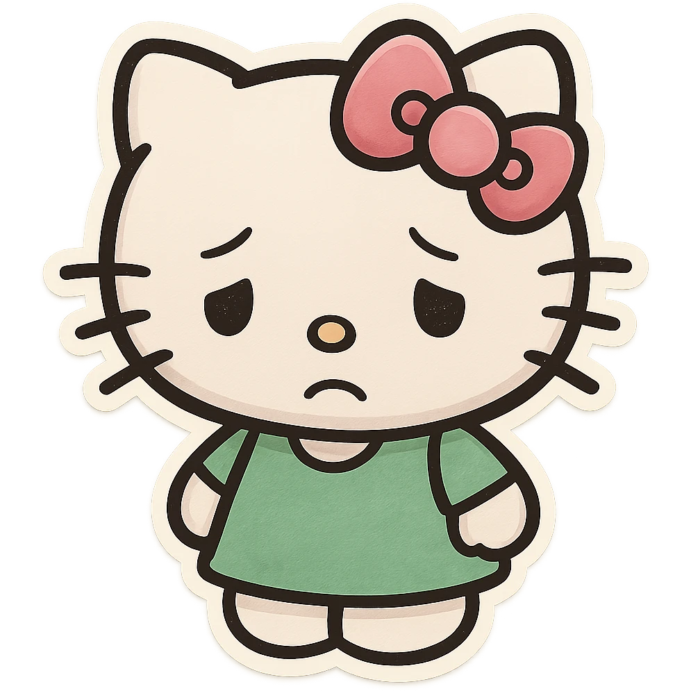 hello kitty emoji style, normal white head, pink bow, sad expression, green dress emoji