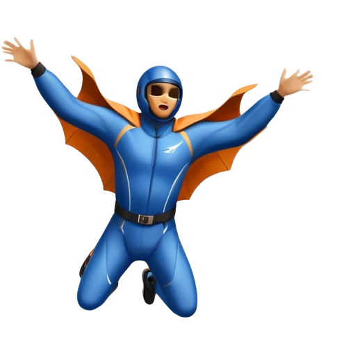 A wingsuit jumper soaring through the air between towering mountains, with the suit spread wide to catch the wind. The background features dramatic cliffs and expansive skies, emphasizing the thrill and freedom of base jumping in a stunning natural landscape. emoji