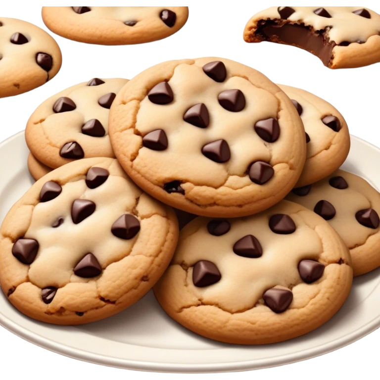 Cinematic Realistic Cookies Dessert Emoji, showcasing a plate of freshly baked cookies with gooey chocolate chips rendered with lifelike textures and warm, homey lighting. emoji