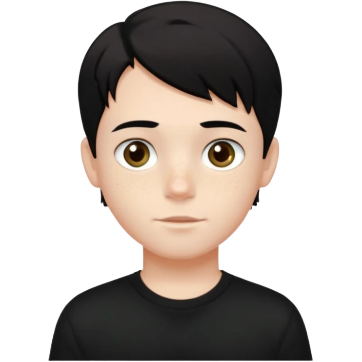 A beautiful boy with black hair and hazel green and brown eyes and white skin , with dark freckles and black t shirt with middle part hair hair with a center part haircut  emoji