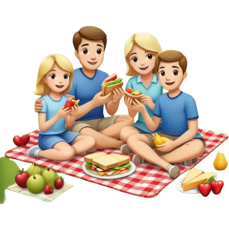 Family picnic with parents and children sitting on a blanket enjoying food outdoors emoji