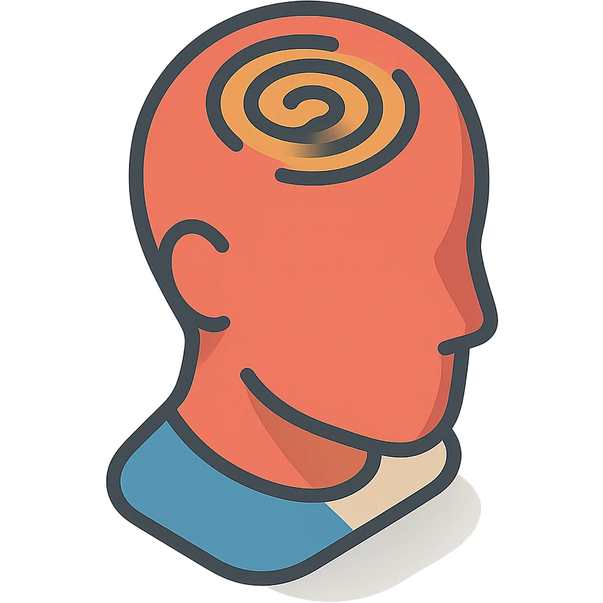 silhouette of a head with a pulsating wave or spiral on the crown area symbolizing headache, clear shadows and highlights, 2D isometric style emoji