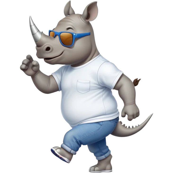 friendly anthropomorphised rhino in jeans and t-shirt, wearing dark sunglasses, jogging upright, standard pose emoji