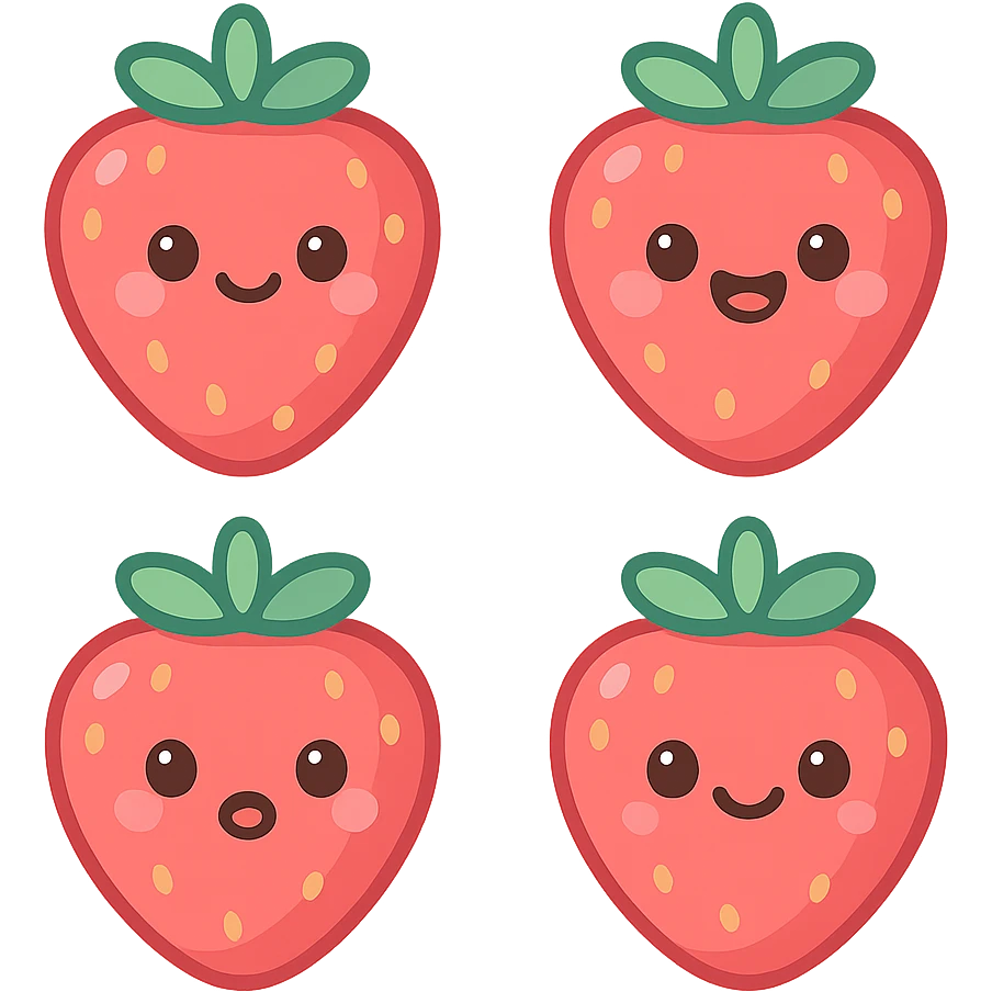A series of illustrations stawberry in a kawaii emoji style, with detailed shading and highlights, thin clean outlines, soft and rounded features. Pastel color palette using  #FF5B5B, #CE4C4C,#CE4C4CThe style is inspired by modern Japanese pop art and sticker aesthetics. Highly detailed, vector clarity, soft lighting and subtle shadows. Transparent background without background. emoji