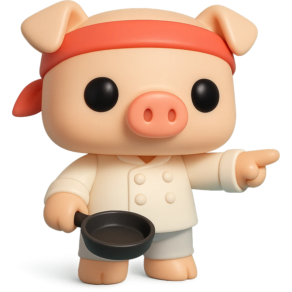 A Funko Pop-style pig chef pointing to the right, wearing a red bandana and holding a frying pan, cartoonish and cute. emoji