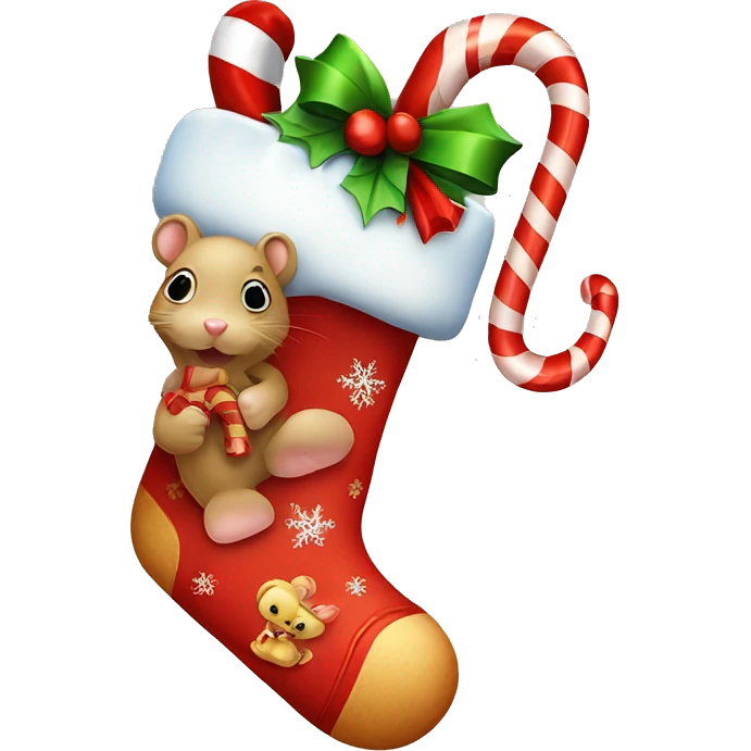 Cute Christmas stocking with a little mouse, a candy cane, and presents emoji