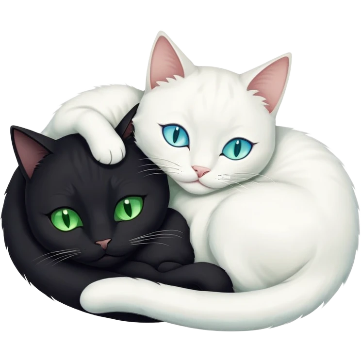 Gatito negro con ojos verdes y gatito blanco con ojos azules durmiendo juntos abrazados emoji