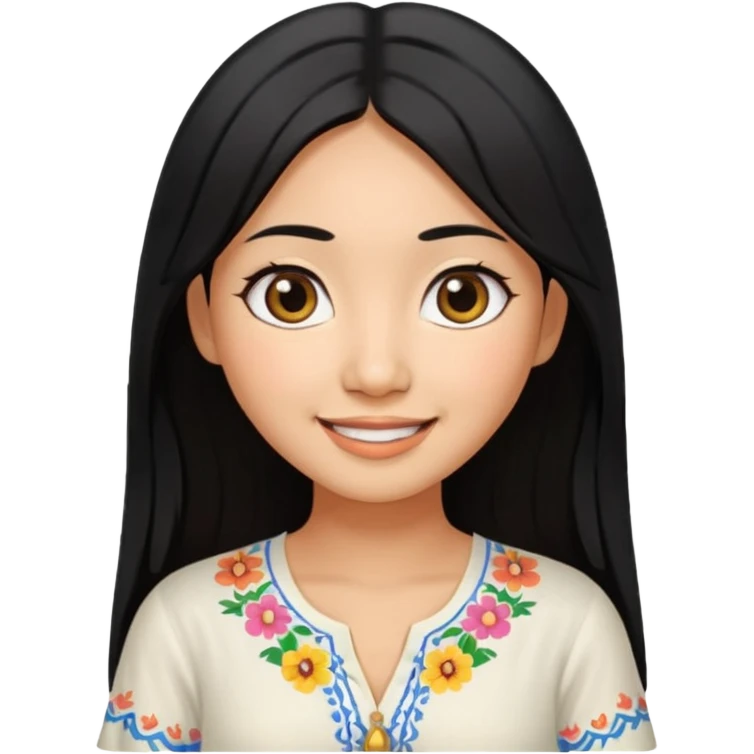 30 yr old asian woman center parted hair big eyes big smile tanned skin straight black hair hippie part hair white blouse emoji