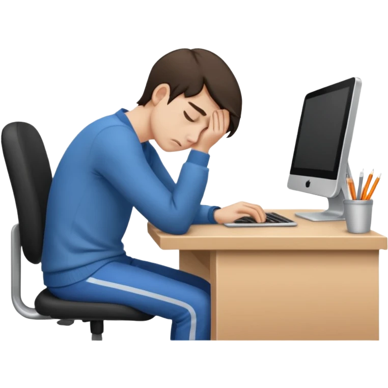 person experiencing burnout, exhausted and overwhelmed, tired eyes, slumped posture, sitting at a desk, iOS emoji style emoji