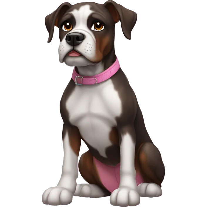 chappel roan but she is a black boxer with white and pink features. she has the same hair and outfit but a dog face emoji